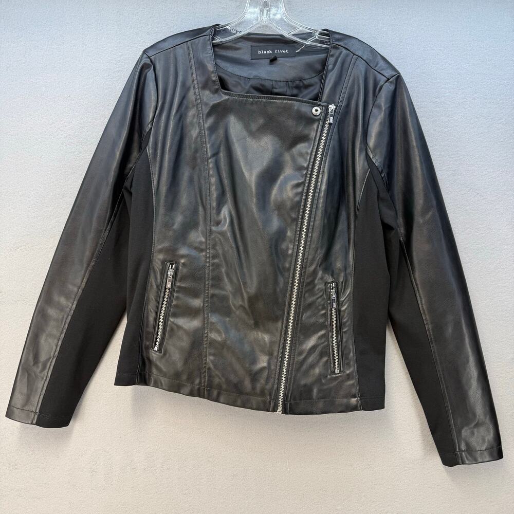Black Rivet Vegan Leather Jacket Women's L Black GIII Moto Motorcycle Stretch - Picture 2 of 13